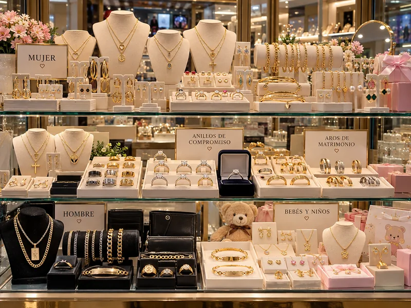 Exhibición ilustrativa de anillos, collares, pulseras y aretes para adultos y niños