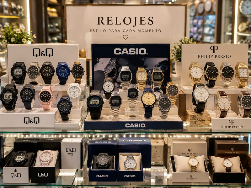 Exhibición ilustrativa de relojes de pulsera analógicos y digitales